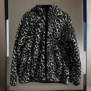 Lands End Leopard Print Zip Up Fleece Jacket with Zip Pockets Size M.